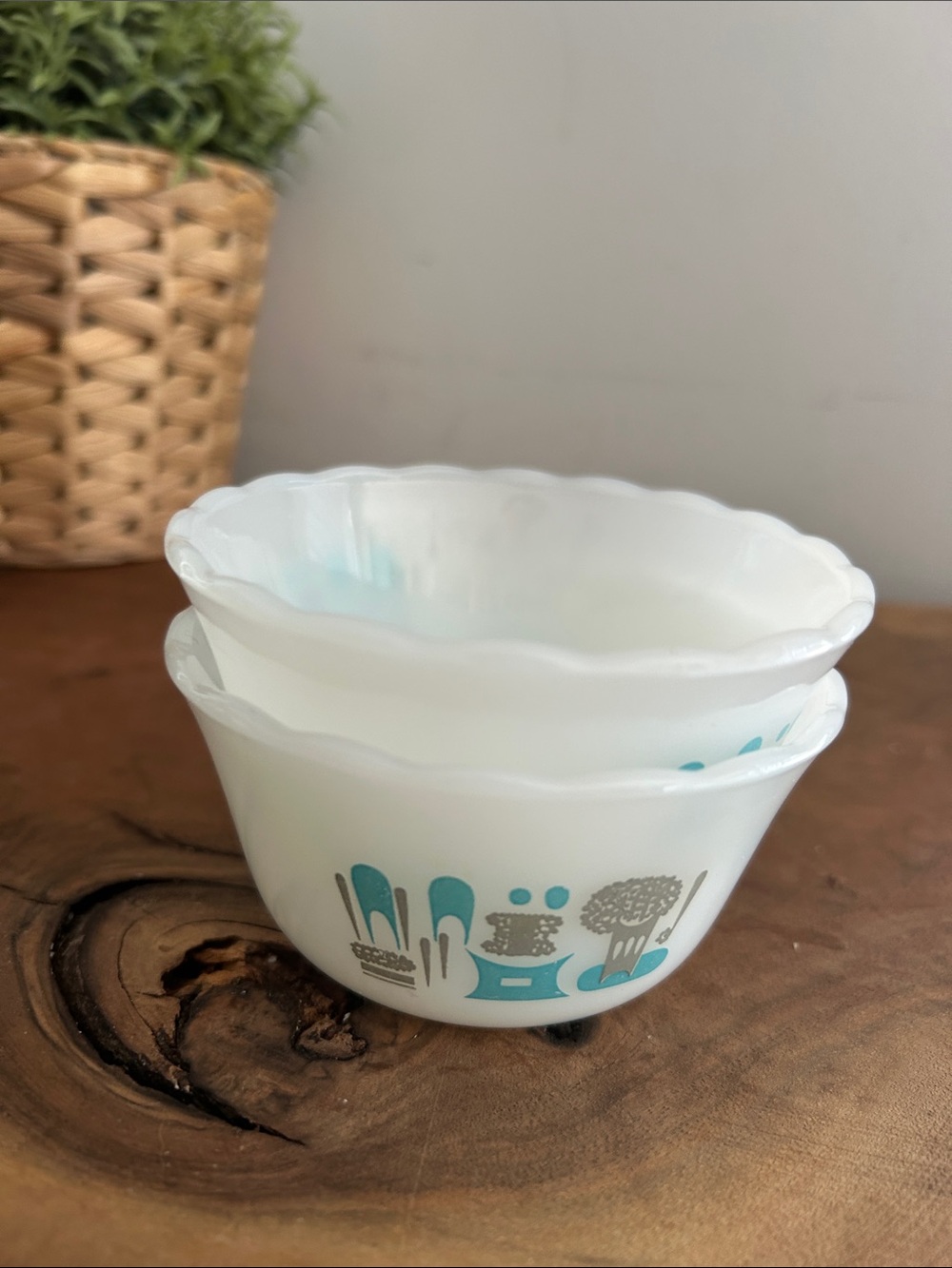 Vintage Anchor Hocking 2 Milk Glass White “Blue Heaven” Custard Cups turquoise